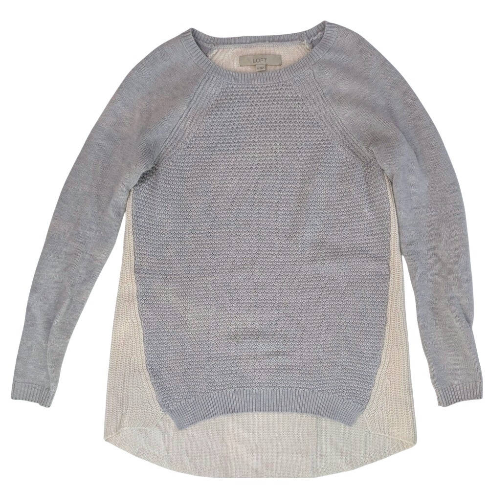 LOFT‎ Ann Taylor Gray Cream Textured Merino Wool Blend Pullover Sweater XS